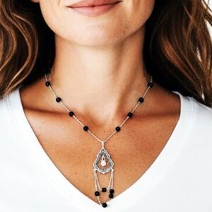 Swarovski Clear Crystal Pave Dauphin Pendant Chain Necklace Faux Black Pearls